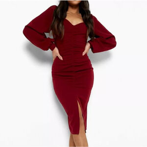 Boohoo Petite Ballon Sleeve Ruched Midi Dress, Size 4P​​​​​​​